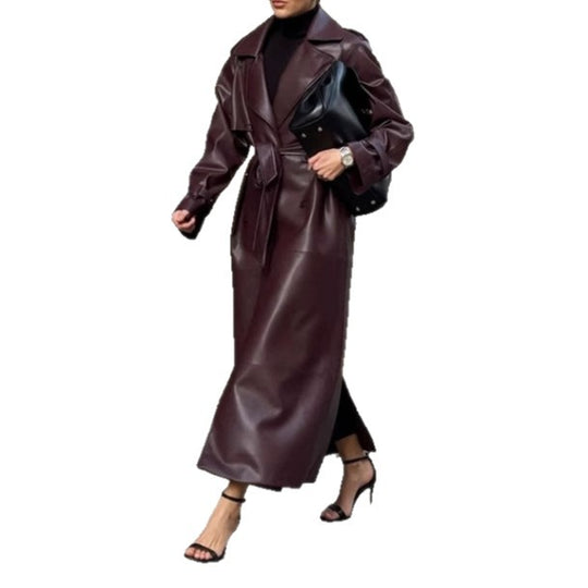Damen eleganter Kunstleder-Trenchcoat mit taillierbarem Gürtel und praktischen Taschen EB