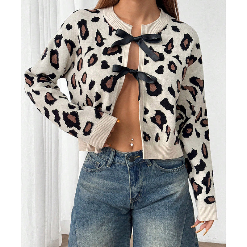 Damen Stilvolle Leopardenstrickjacke mit Bindebändern EB