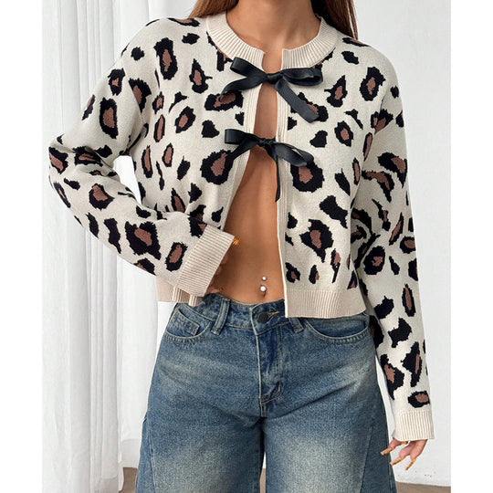 Damen Stilvolle Leopardenstrickjacke mit Bindebändern EB