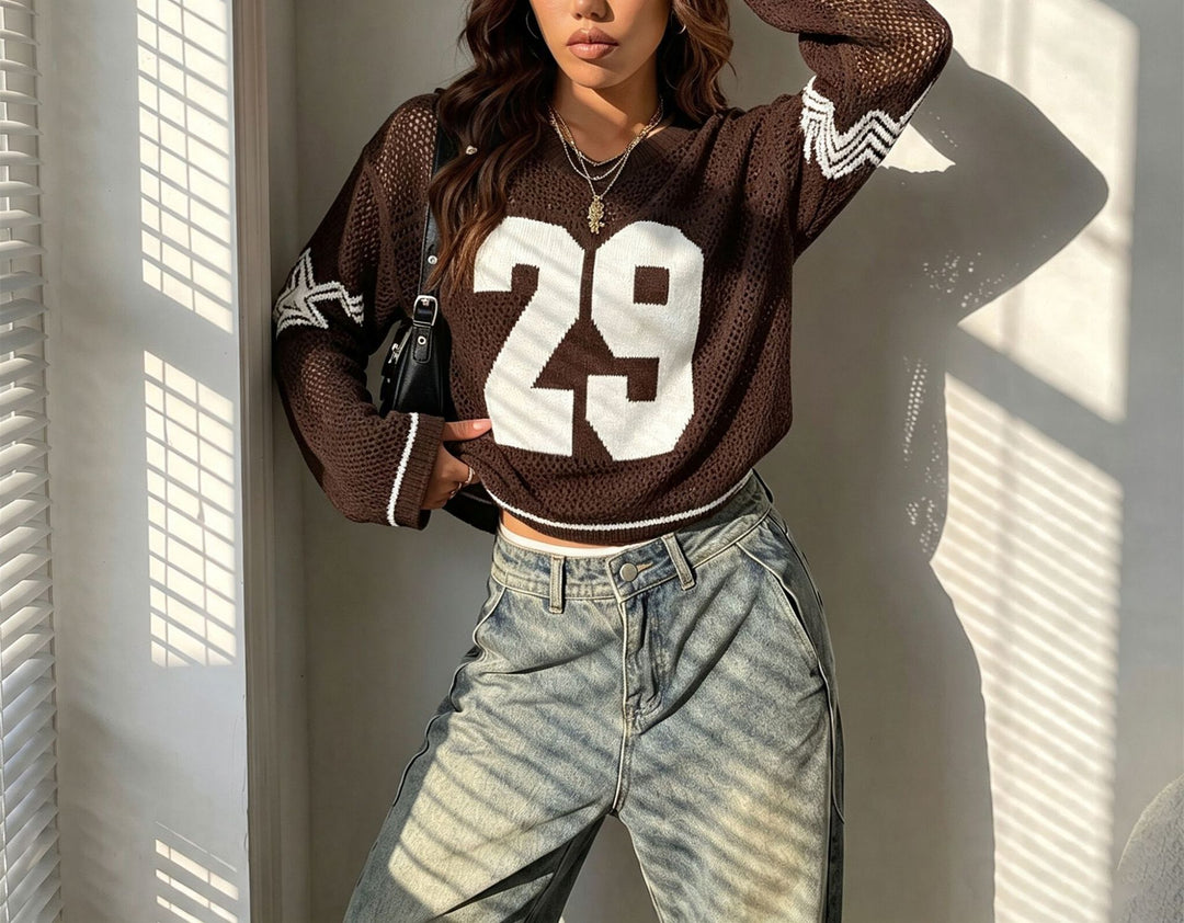 Damen Oversize Netz-Strick Cropped Pullover mit V-Ausschnitt EB