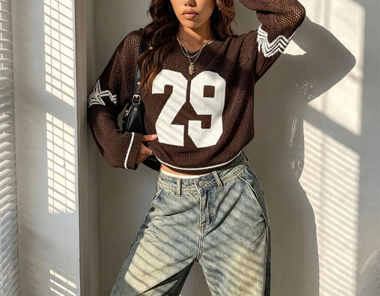 Damen Oversize Netz-Strick Cropped Pullover mit V-Ausschnitt EB