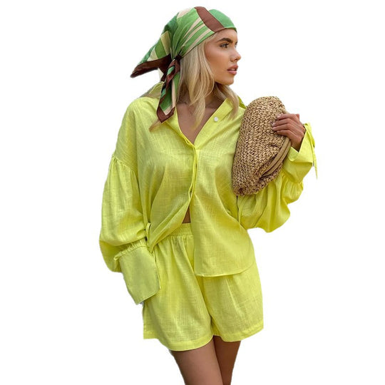 Damen Leichte Leinen-Loungewear-Kombination mit lässiger Short und oversized Hemd EB