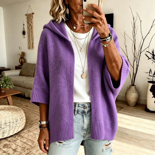 Damen Kapuzen-Longcardigan aus grobem Strick mit 3/4-Ärmeln und offener Front EB