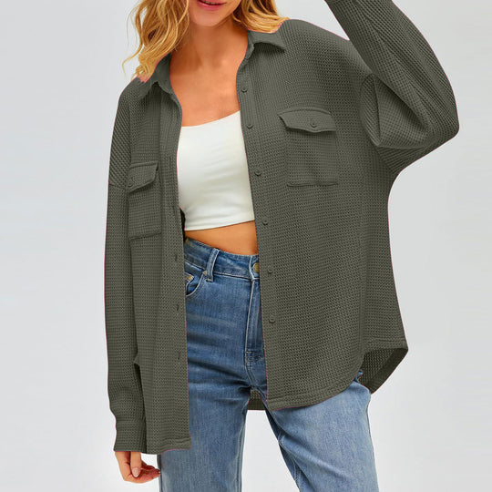 Damen nan oversized Waffelstrick Hemdjacke mit Brusttaschen und Knopfleiste EB