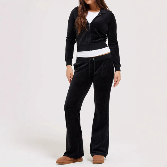 Damen Samtvelours Cropped-Zipjacke mit Kängurutasche und hochgeschnittener Bündchenhose Eichborn Berlin