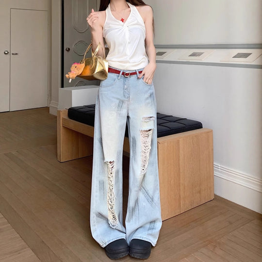 Damen Weit geschnittene Destroyed Jeans mit trendigen Details EB