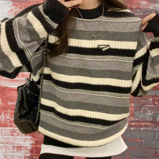 Damen lässiger Strickpullover mit raffiniertem Streifenmuster und voluminösen Ärmeln EB