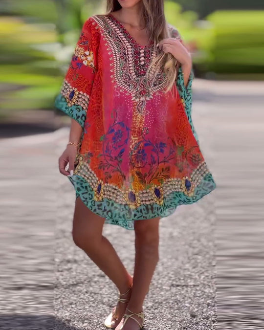 Damen Kaftan-Kleid mit kunstvollem Muster Heidi-Mode