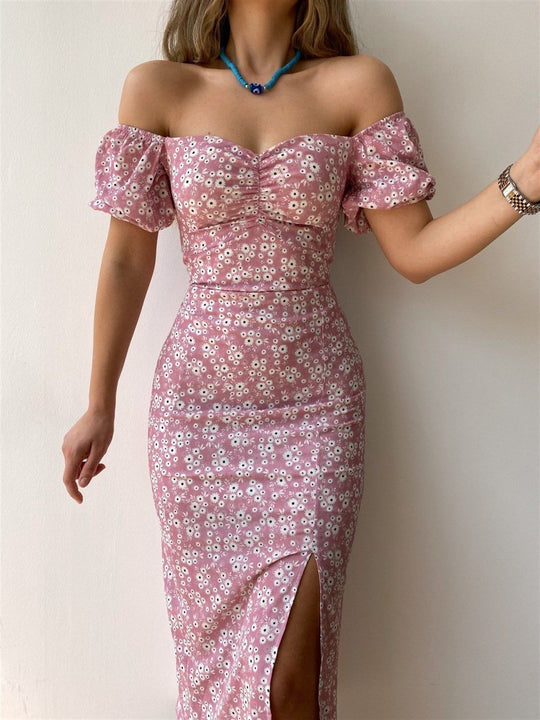 Damen Figurbetontes Maxikleid mit Blumenmuster und schulterfreiem Design EB
