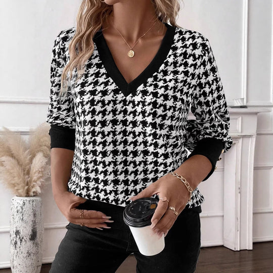 Damen nan V-Ausschnitt Strickpullover mit Hahnentrittmuster und gerippten Bündchen EB