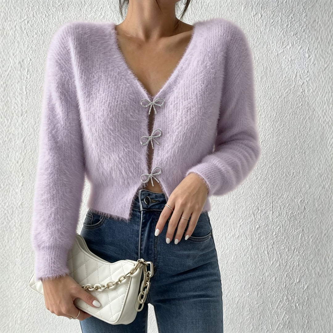 Damen Flauschiger Cropped-Cardigan mit V-Ausschnitt und Schleifen‑Verschlüssen EB