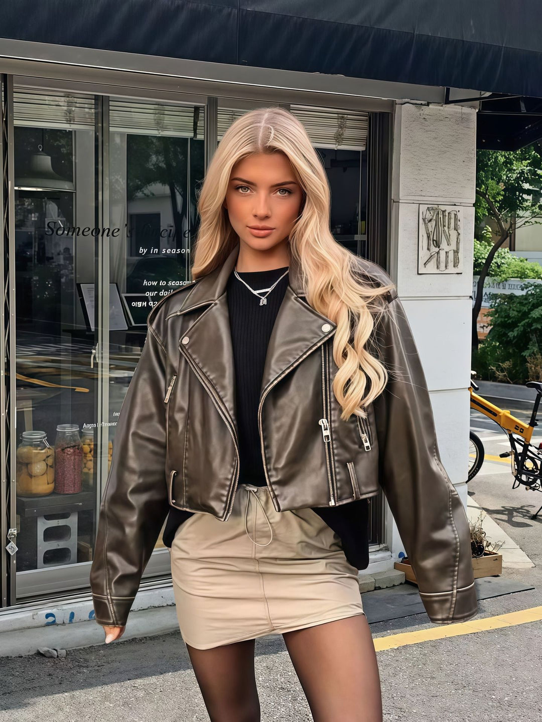 Damen cropped Kunstlederjacke mit asymmetrischem Reißverschluss und weichem Innenfutter EB