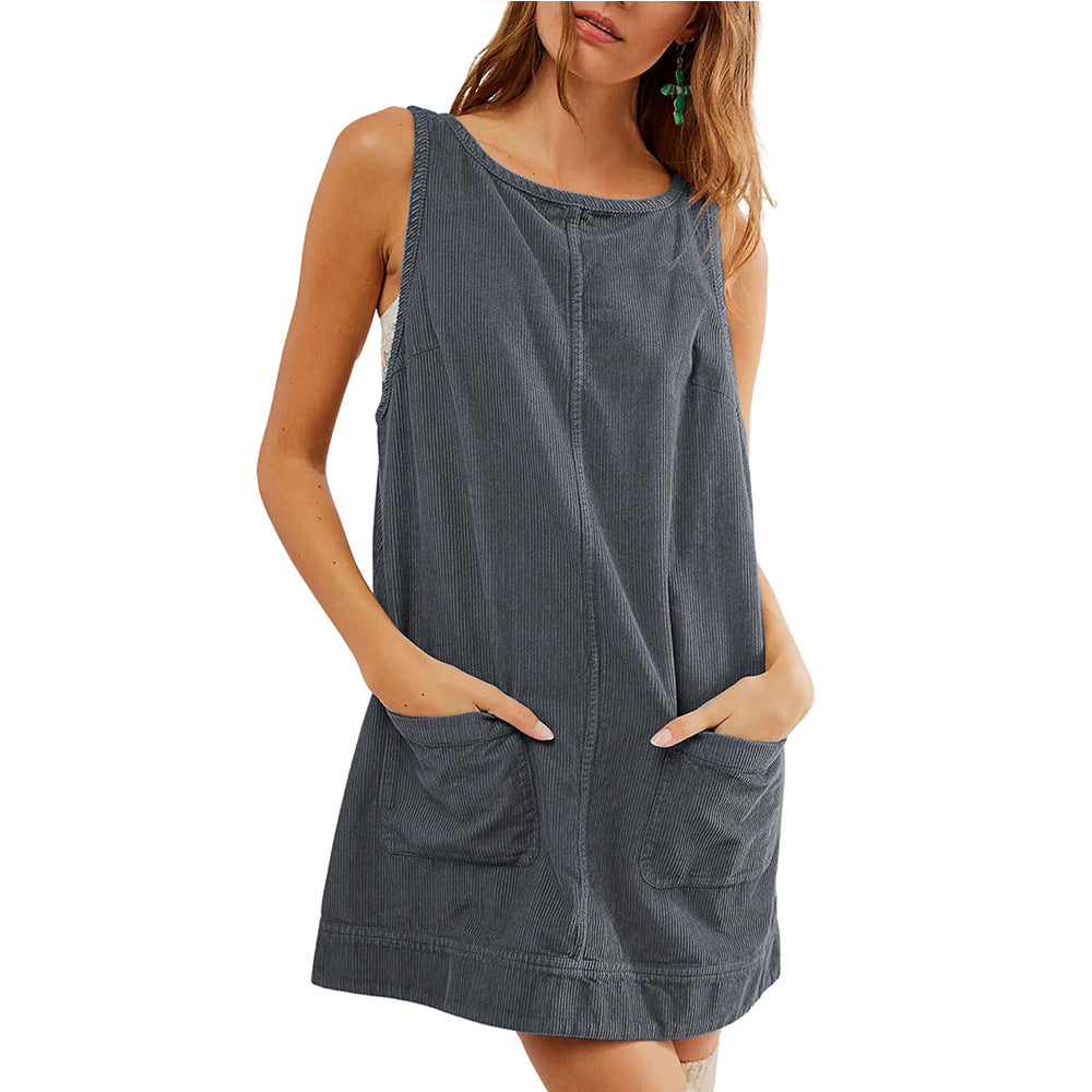 Damen lässiges Jerseykleid mit Taschen und Rundhalsausschnitt EB