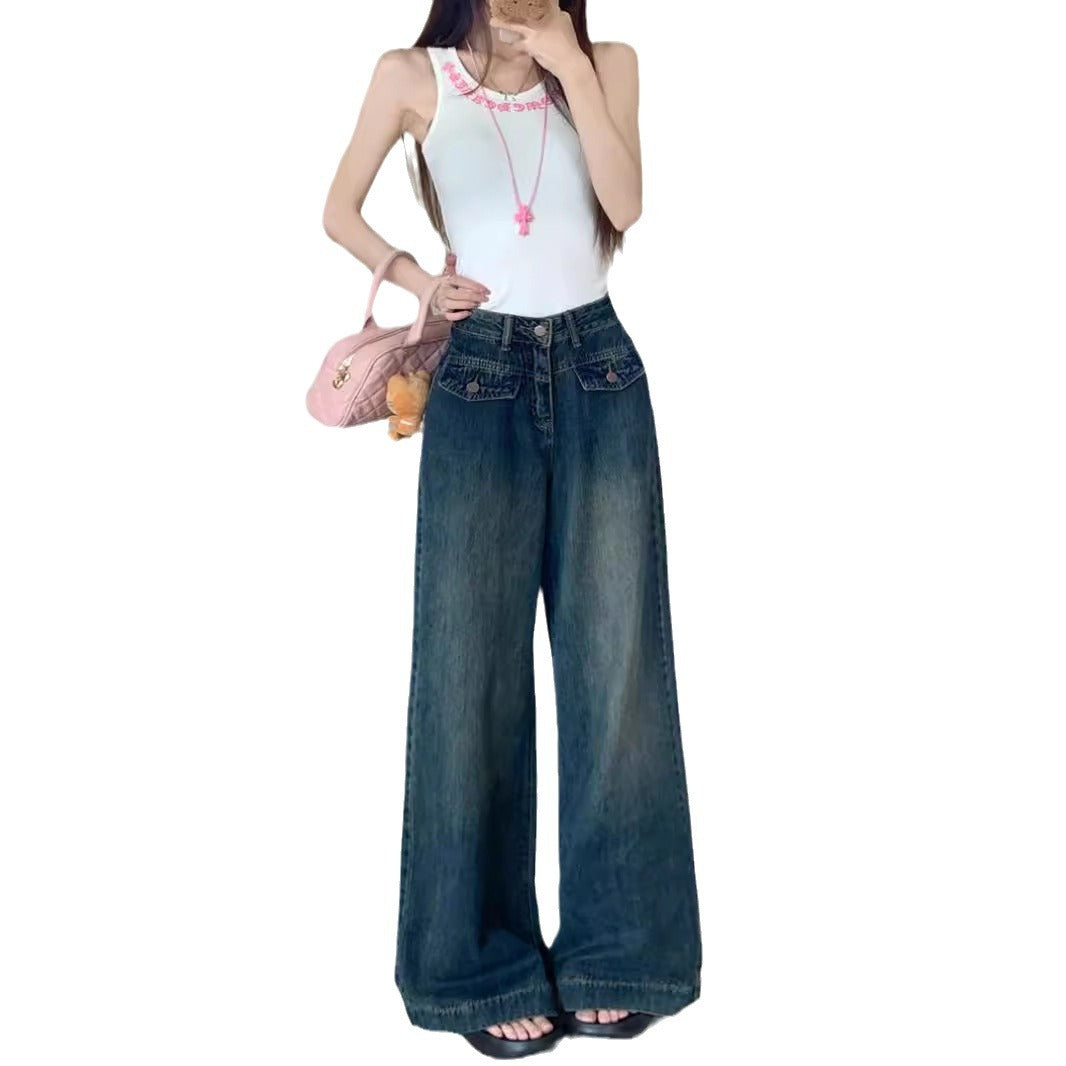 Damen Weit geschnittene Denim-Hose mit hohen Taschen und modischem Schnitt EB