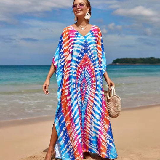 Damen Strandkleid mit buntem Batikdesign und weit geschnittenen Ärmeln EB