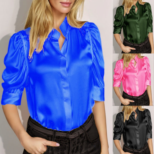 Damen elegante Satinbluse mit Puffärmeln und modernem Kragen EB