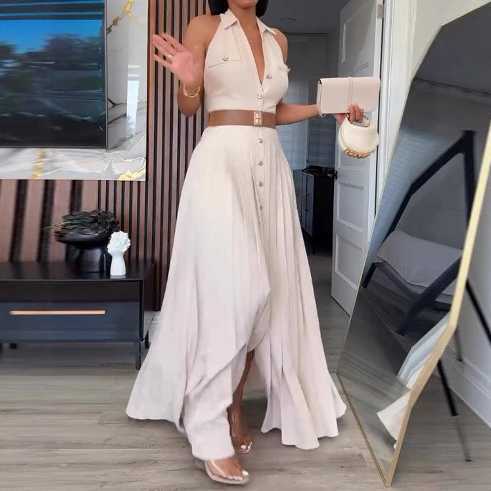 Damen Elegantes Maxikleid mit tiefem V-Ausschnitt und schmeichelndem Taillengürtel EB