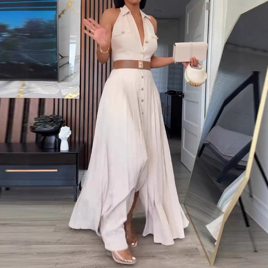 Damen Elegantes Maxikleid mit tiefem V-Ausschnitt und schmeichelndem Taillengürtel EB