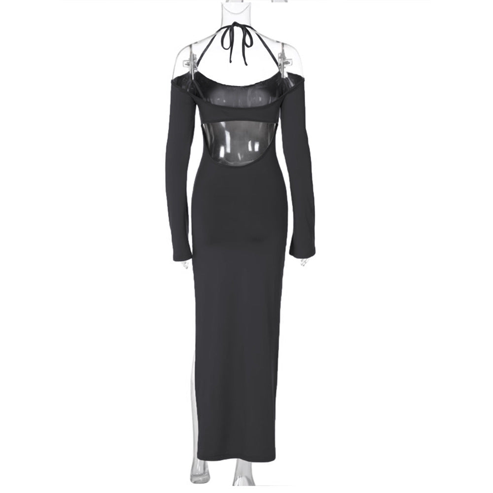 Damen langes Abendkleid mit Neckholder und schulterfreiem Bell-Ärmel, figurbetonter Taillenraffung und hohem seitlichem Beinschlitz Eichborn Berlin