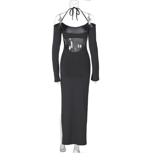 Damen langes Abendkleid mit Neckholder und schulterfreiem Bell-Ärmel, figurbetonter Taillenraffung und hohem seitlichem Beinschlitz Eichborn Berlin