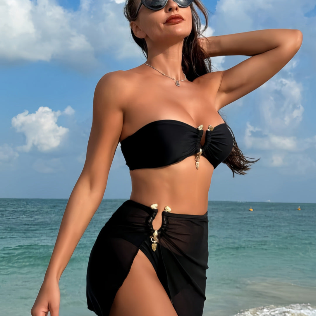 Damen Bandeau-Bikini Set mit eleganter Rock-Overlay EB