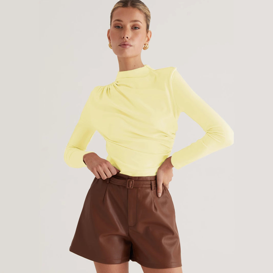 Damen Langarmshirt mit elegantem Wickeldesign und hochgeschlossenem Kragen EB