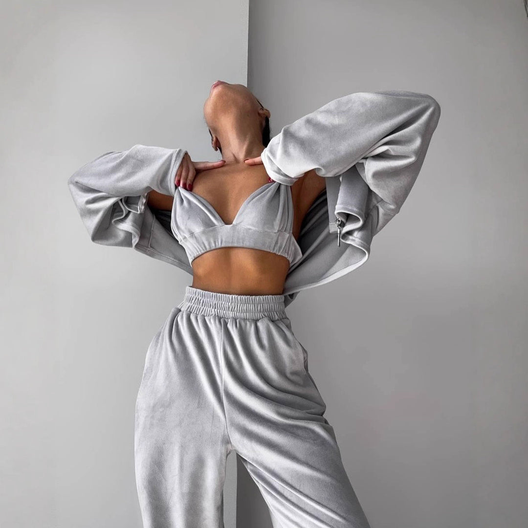 Damen kurzes Samt-Cropped-Zipshirt mit weitem High‑Waist Palazzo‑Hose Zweiteiler Eichborn Berlin