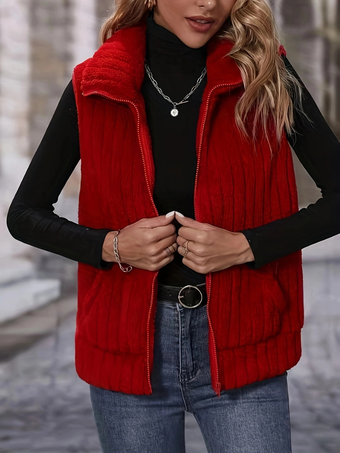 Damen Flauschige Weste mit Karomuster und Taschen EB