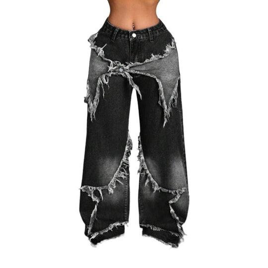 Damen Weite Jeans im modernen Destroyed-Look mit fransigen Details EB