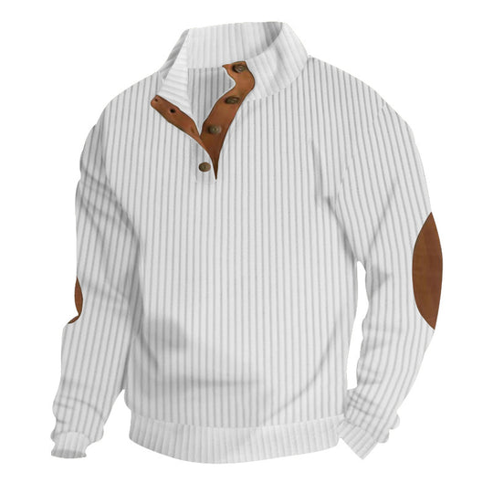 Herren nan strukturierter Ripp-Pullover mit kurzem Knopfkragen und Wildleder-Ellbogenpatches EB