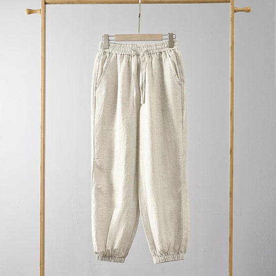Damen lässige Leinenhose mit elastischem Bund und seitlichen Taschen EB