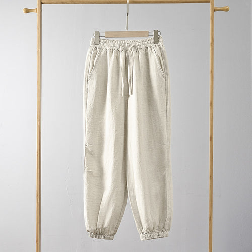 Damen lässige Leinenhose mit elastischem Bund und seitlichen Taschen EB