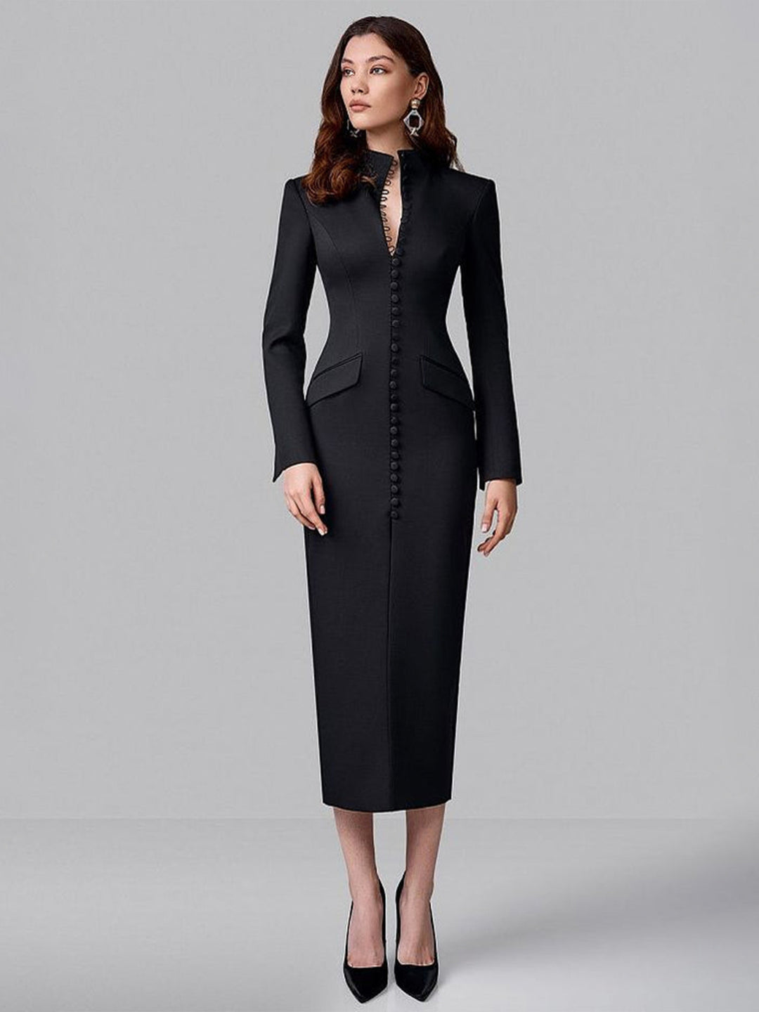 Damen Elegantes Langarmkleid mit floralem Muster und hochgeschlossenem Kragen EB
