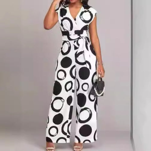 Damen Modischer Jumpsuit mit kurzem Arm und tiefem V-Ausschnitt EB