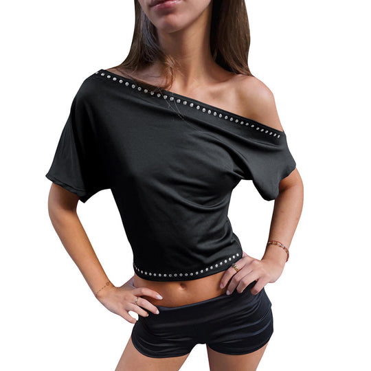 Damen asymmetrisches Crop-Top mit weich fließendem Stoff und dekorativem Nietenbesatz EB
