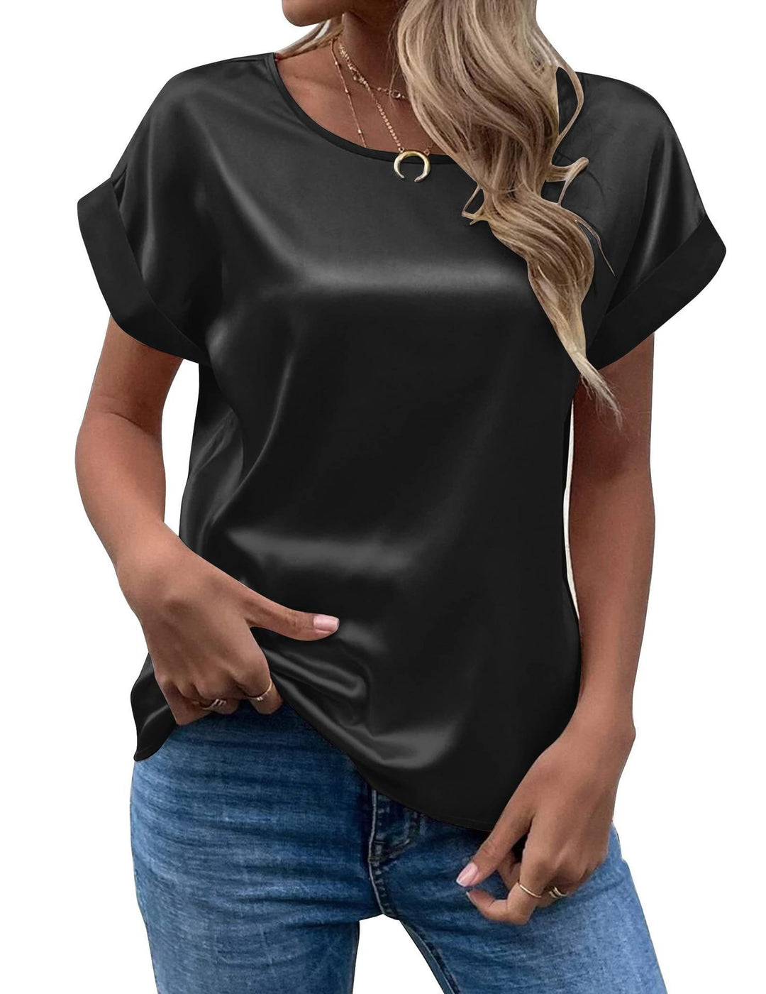 Damen Satin Oberteil mit lässigem Schnitt und umgeschlagenen Ärmeln EB