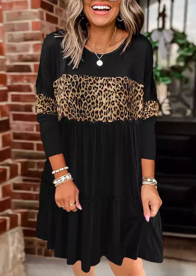 Damen Elegantes Tierdruck Kleid mit rüschigem Saum EB