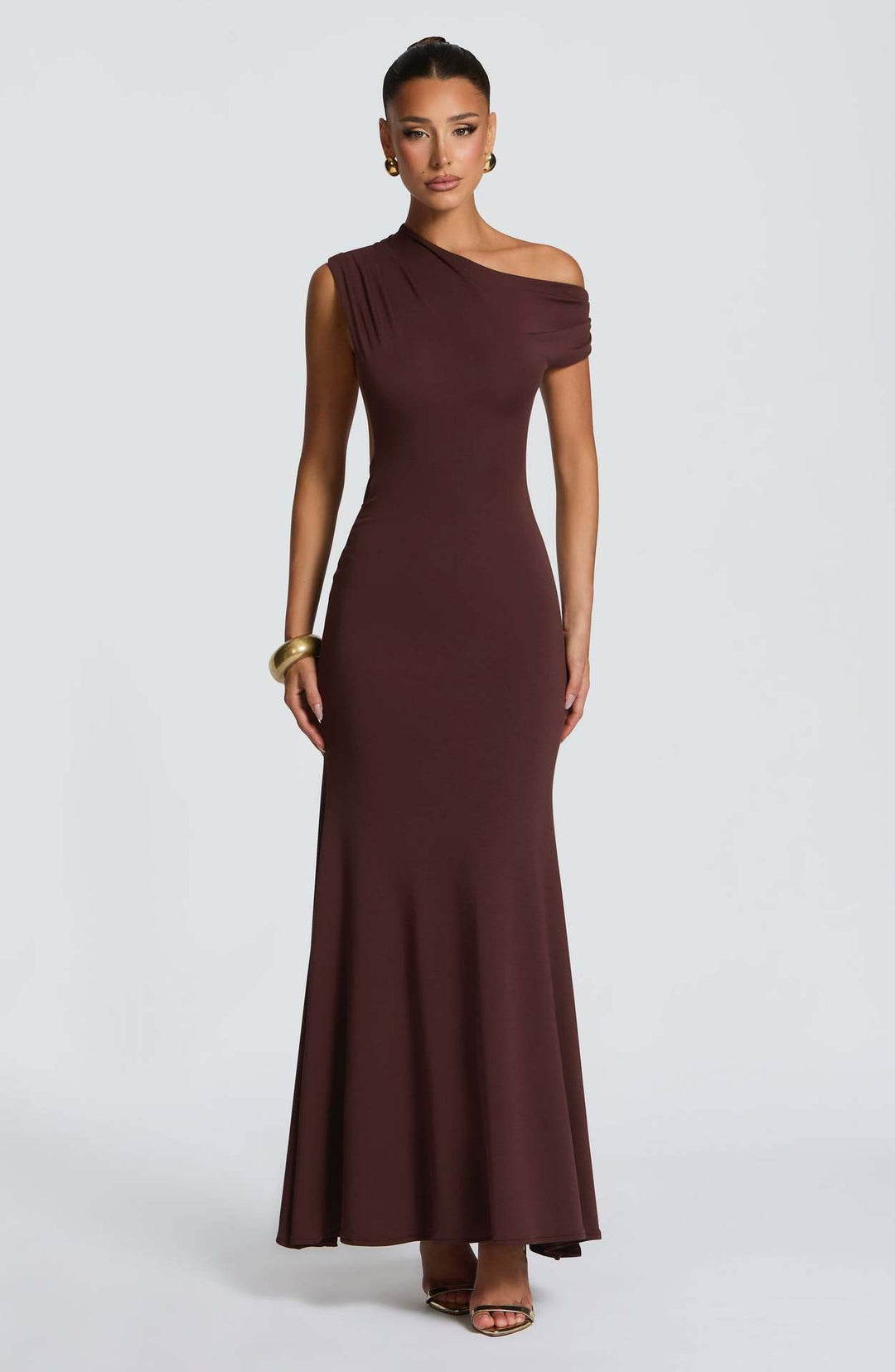 Damen Elegantes asymmetrisches Maxikleid mit schulterfreiem Design EB