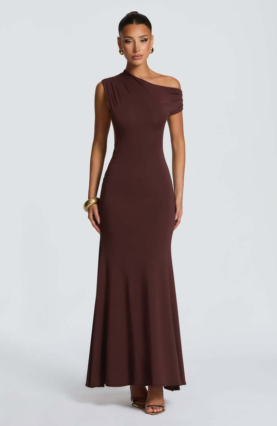 Damen Elegantes asymmetrisches Maxikleid mit schulterfreiem Design EB