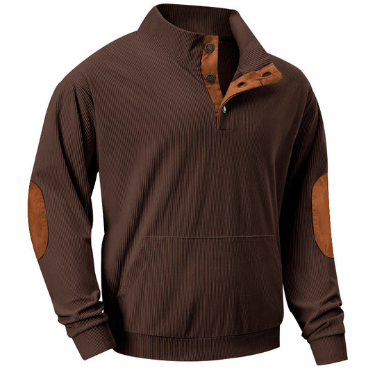 Herren Strukturiertes Ripp-Henley-Sweatshirt mit Stehkragen, Kängurutasche & Velours-Ellbogenpatches EB