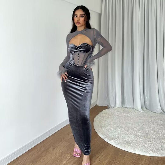 Damen Maxikleid mit innovativer Korsett-Oberpartie und transparenten Ärmeln EB