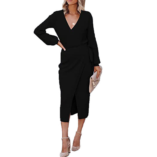 Damen Elegantes Wickelkleid mit tiefem V-Ausschnitt EB