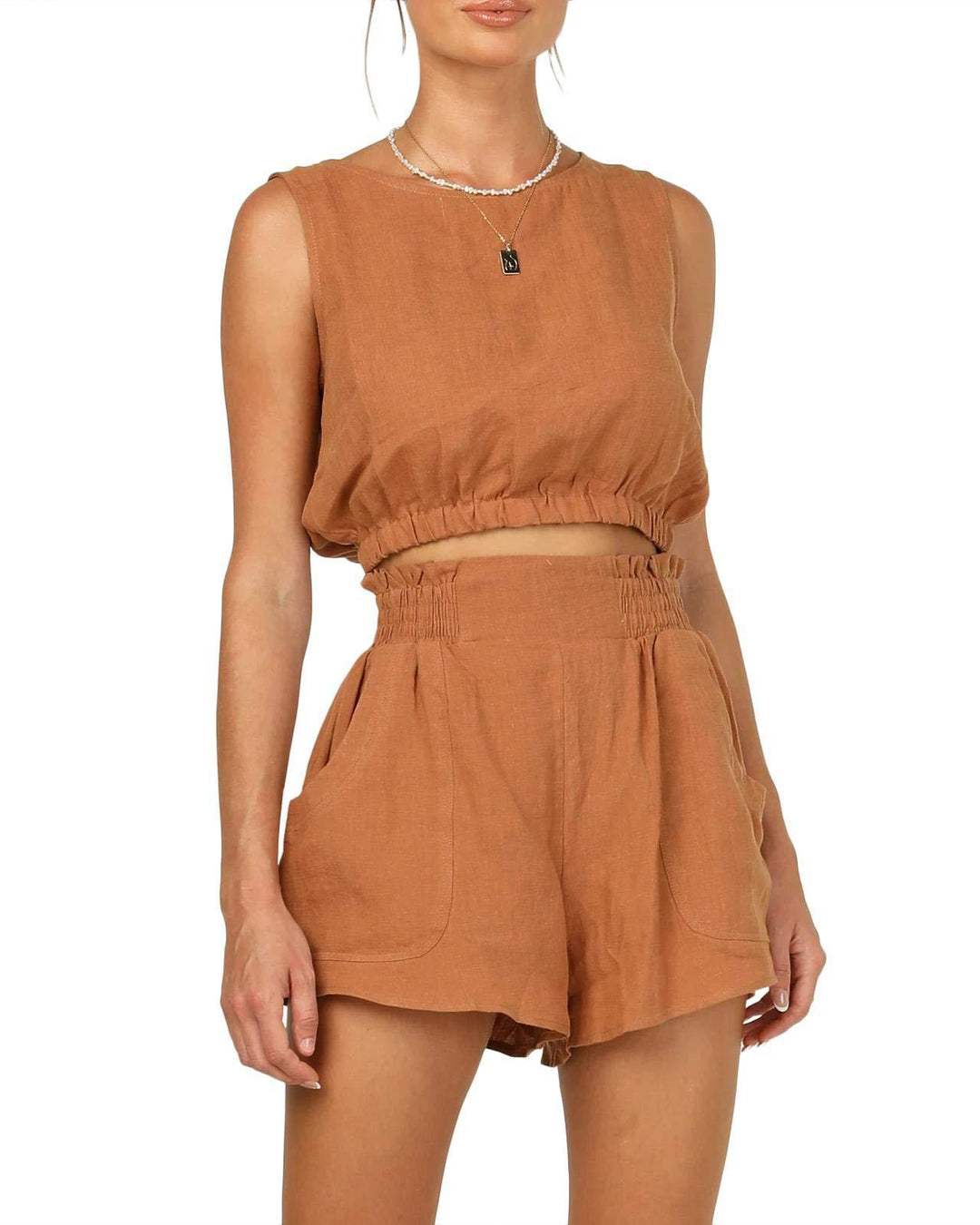Damen lässiges Leinen-Oberteil mit hochgeschnürtem Saum und Shorts EB