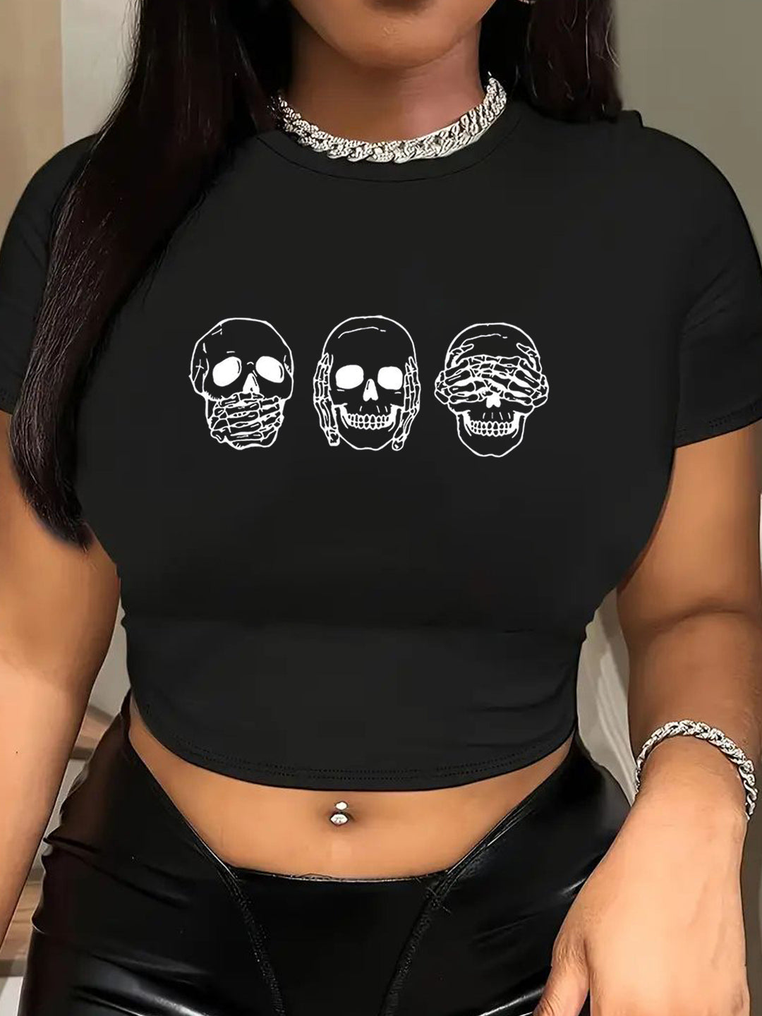 Damen Crop-T-Shirt mit kreativem Telefon-Design EB