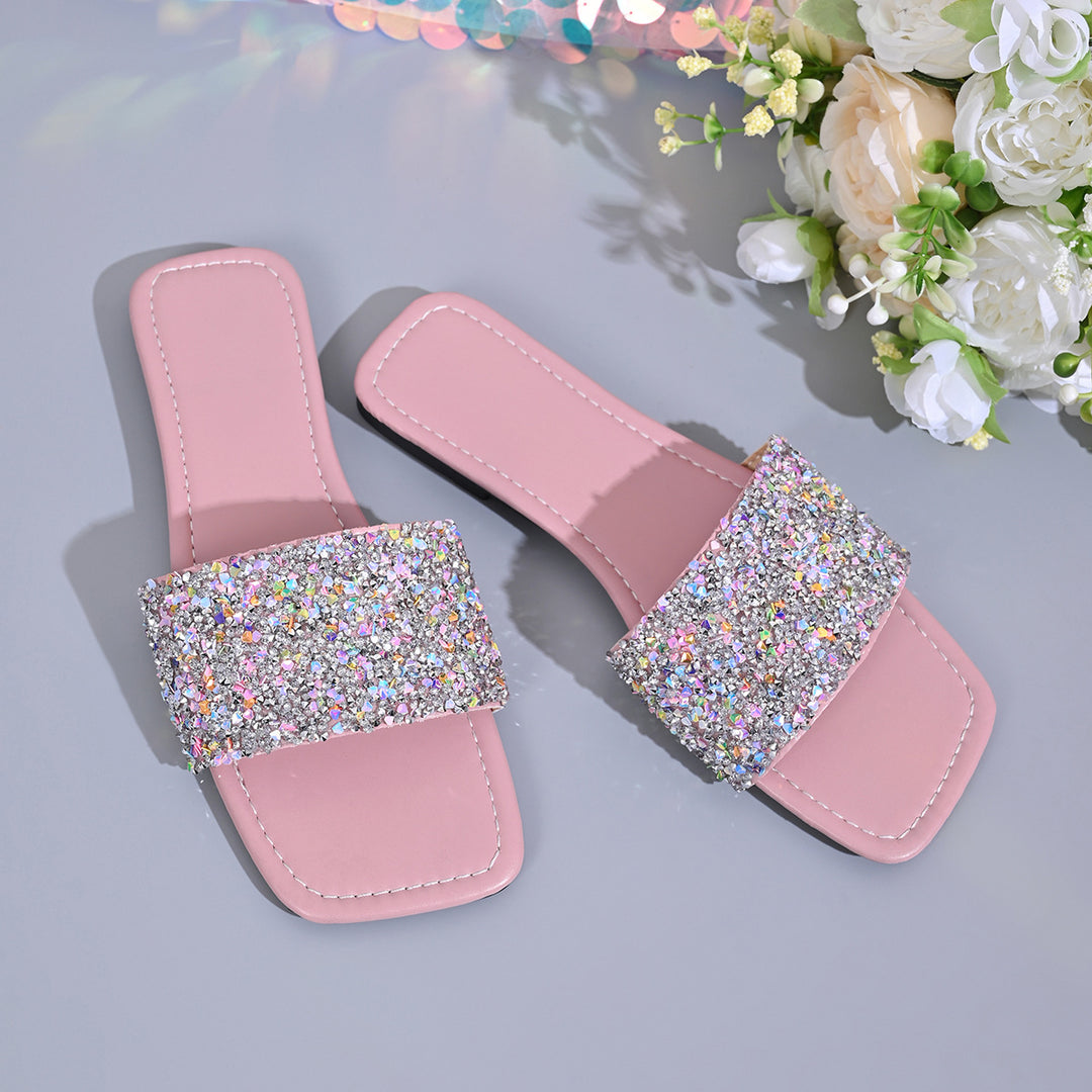 Damen Glamouröse Riemchen-Pantoletten mit funkelndem Glitter-Design EB