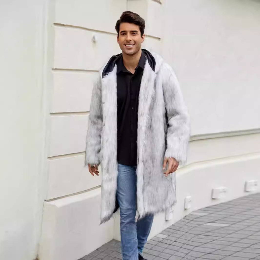 Herren Luxuriöser Kunstfellmantel mit Kapuze EB