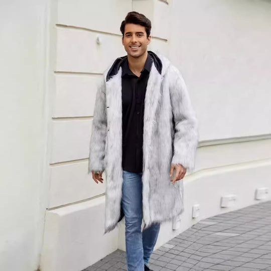 Herren Luxuriöser Kunstfellmantel mit Kapuze EB