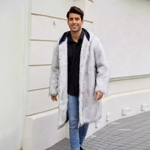 Herren Luxuriöser Kunstfellmantel mit Kapuze EB
