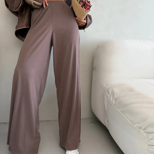 Damen weite High-Waist Palazzo-Hose aus geripptem Jersey mit elastischem Bund EB