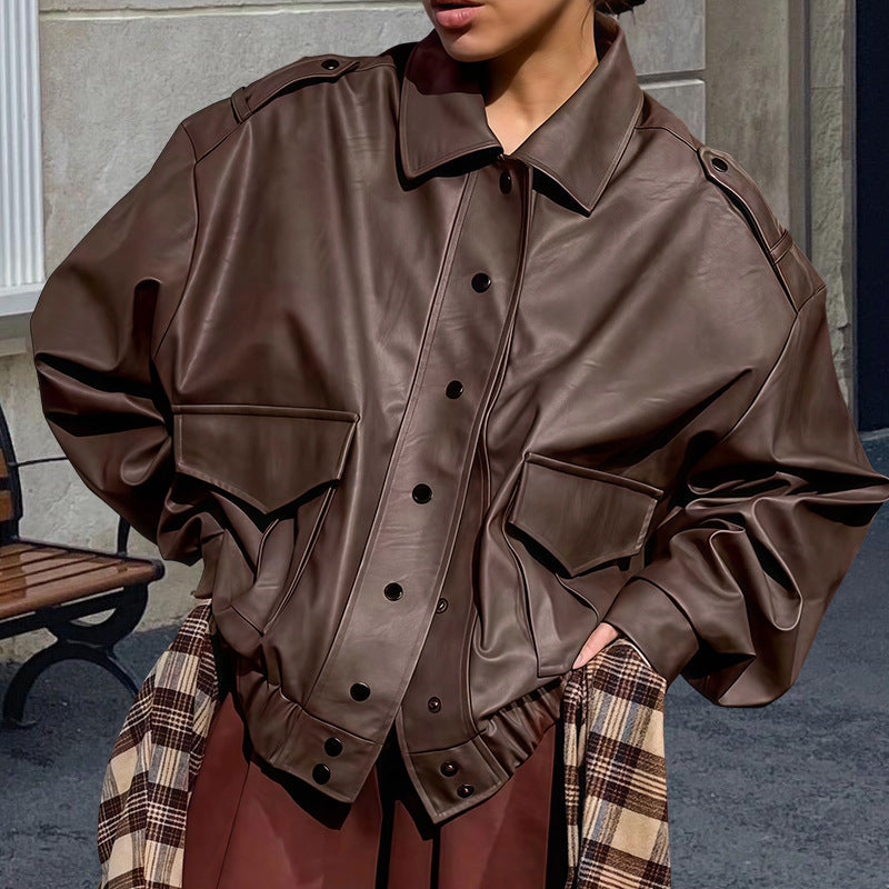 Damen Oversized Kunstlederjacke mit dekorativen Taschen und modischer Schnürung EB